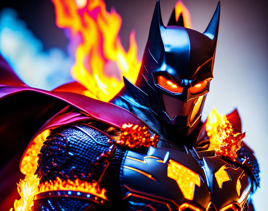 Detailed superhero figurine in black armor and cape with glowing eyes against fiery backdrop