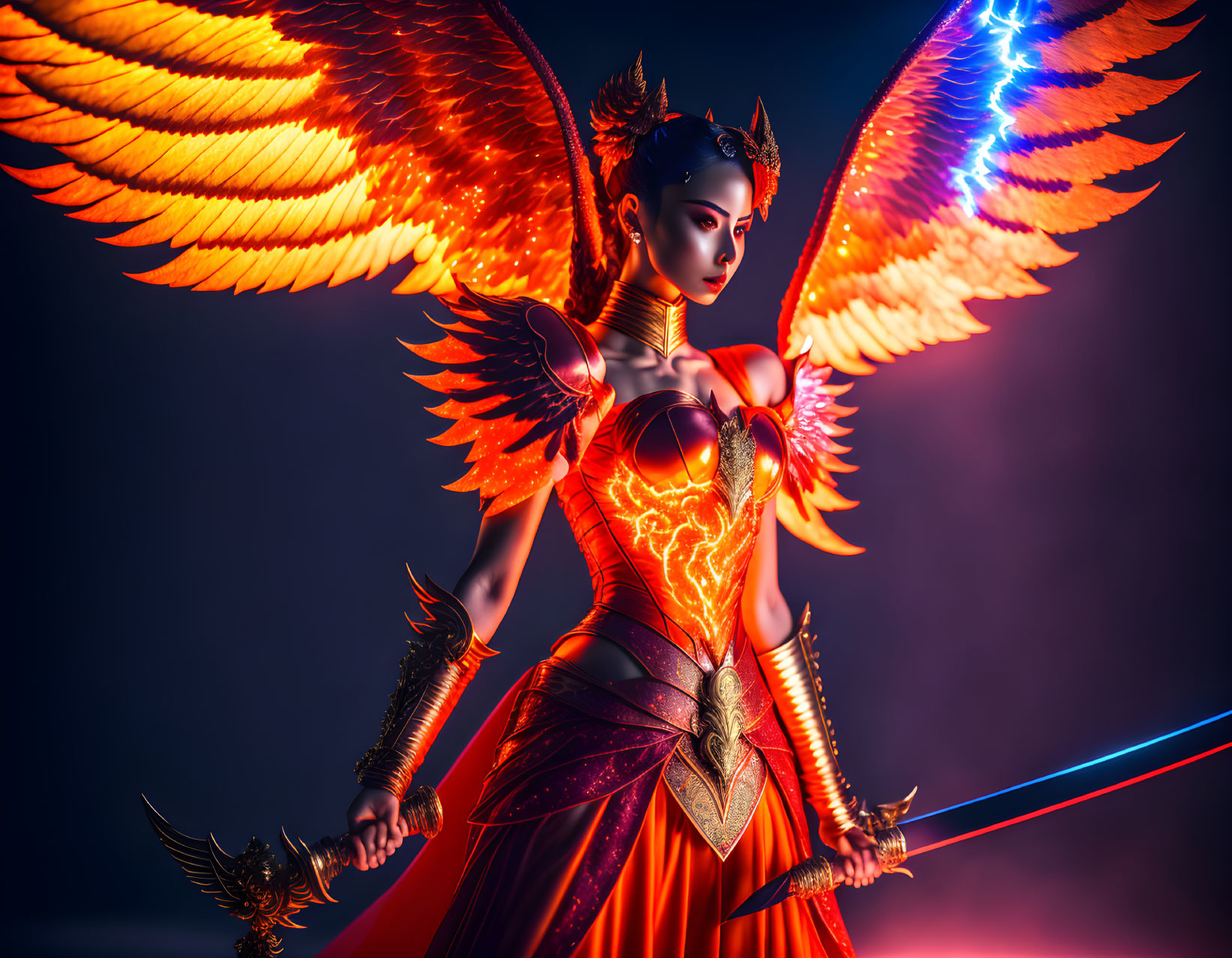 Majestic winged warrior in ornate red armor with glowing sword