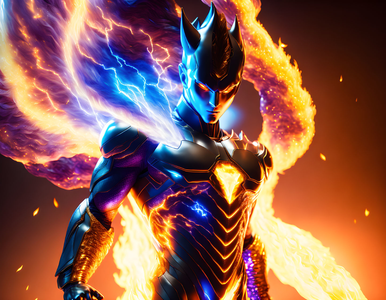 Superhero digital artwork: flaming cape, blue electric energy, orange background