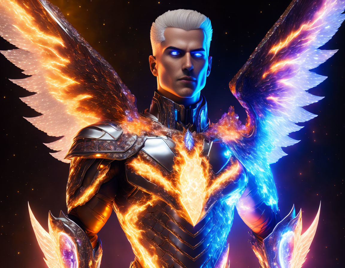 Character with Glowing Blue Eyes and Fiery Wings in Digital Art