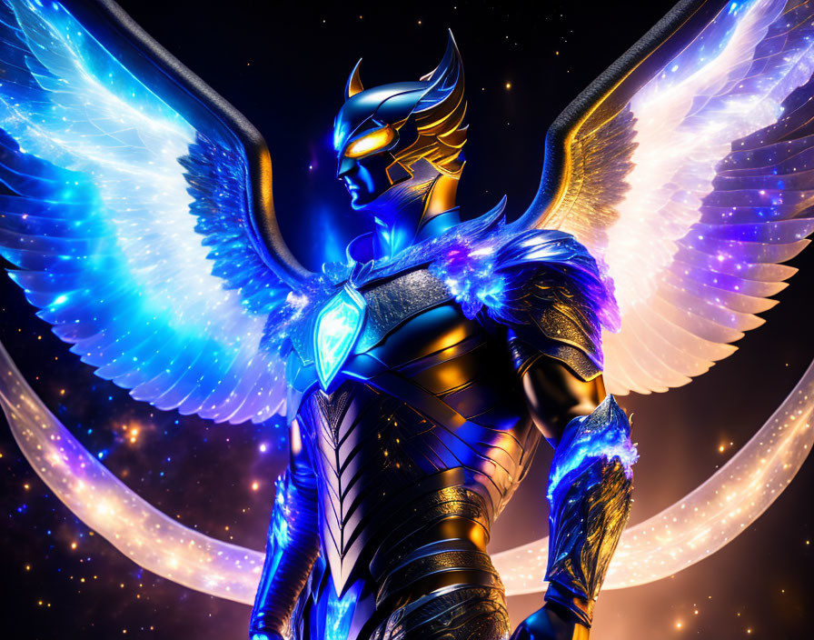 Digital artwork: Warrior in blue-winged armor in cosmic setting