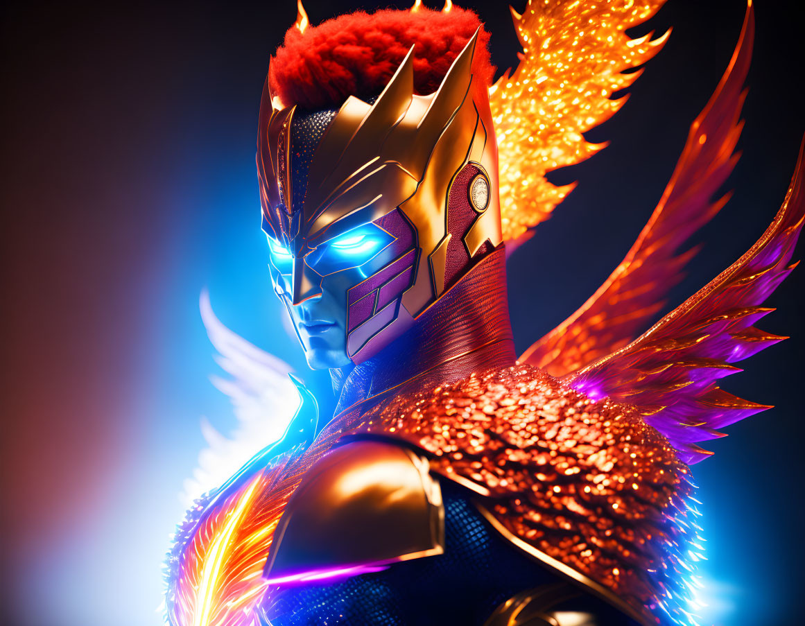 Character with golden armor and fiery orange wing in digital artwork