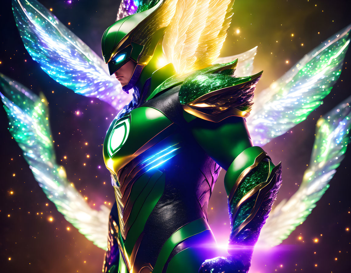 Vibrant superhero costume with glowing green and yellow lights and cosmic backdrop