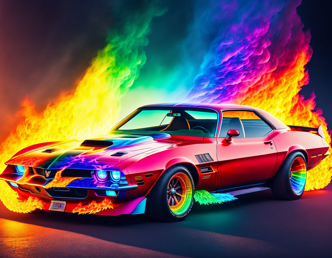 Classic Muscle Car with Neon Flames on Dark Background