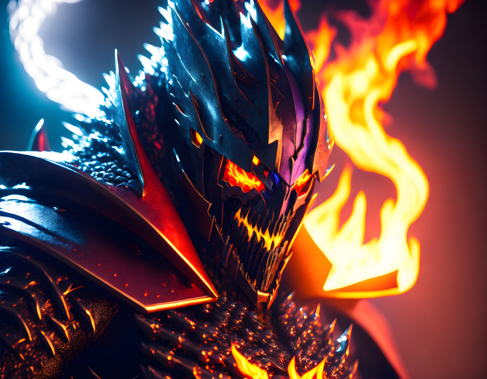 Menacing armored figure with skull-like helmet and glowing red eyes in dramatic flames