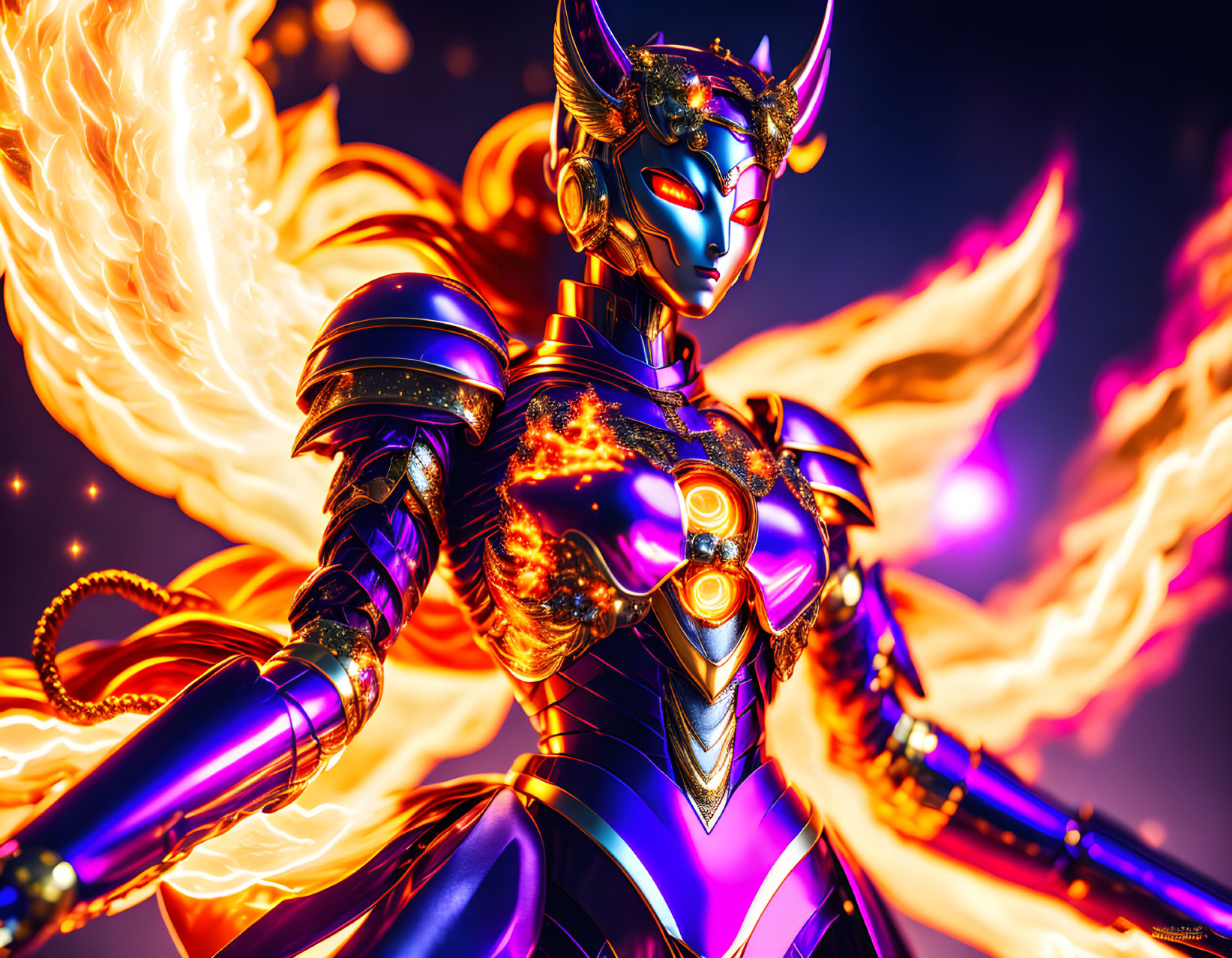 Colorful Stylized Armored Female Figure with Flames on Dynamic Background