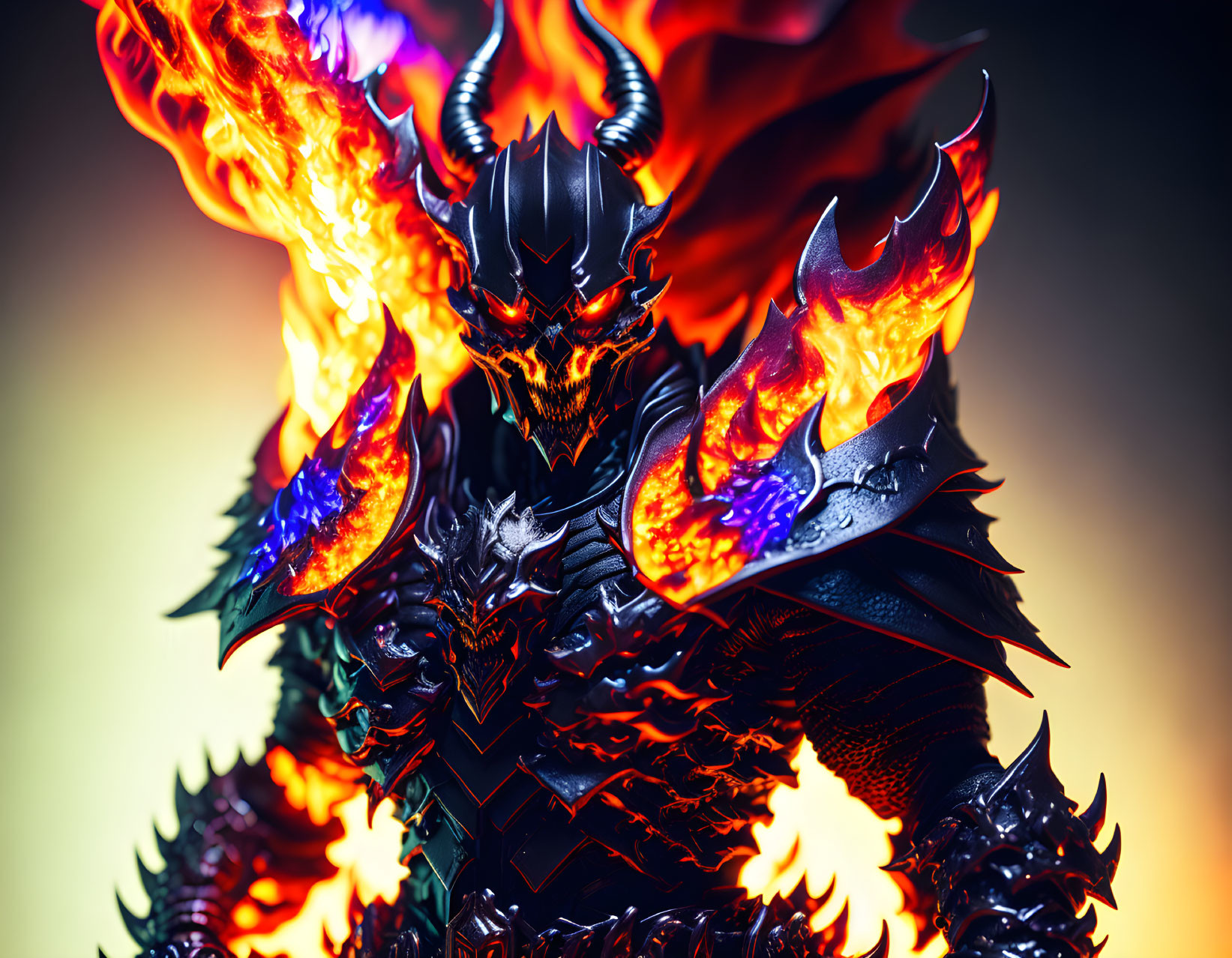 Menacing armored figure engulfed in flames with dragon-like features.