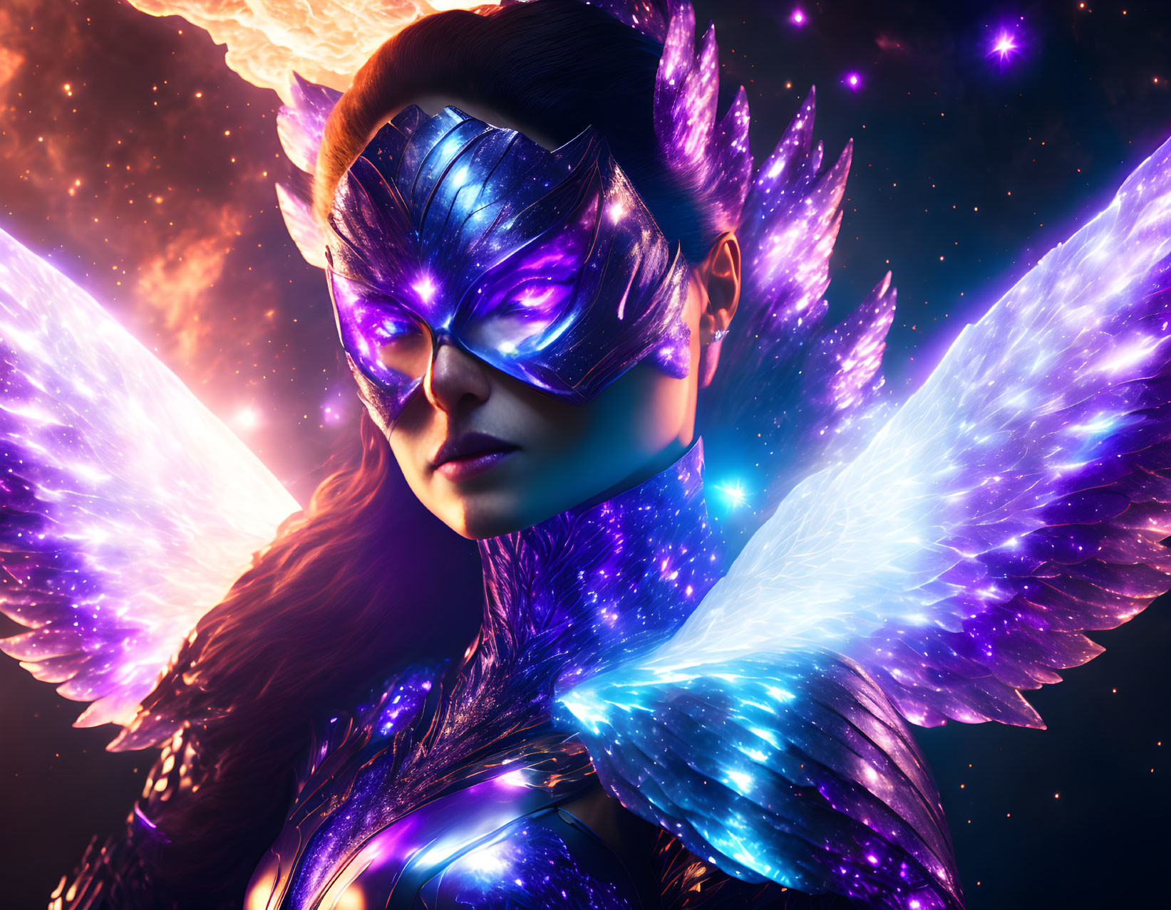 Radiant woman with cosmic wings and shimmering mask in starry setting