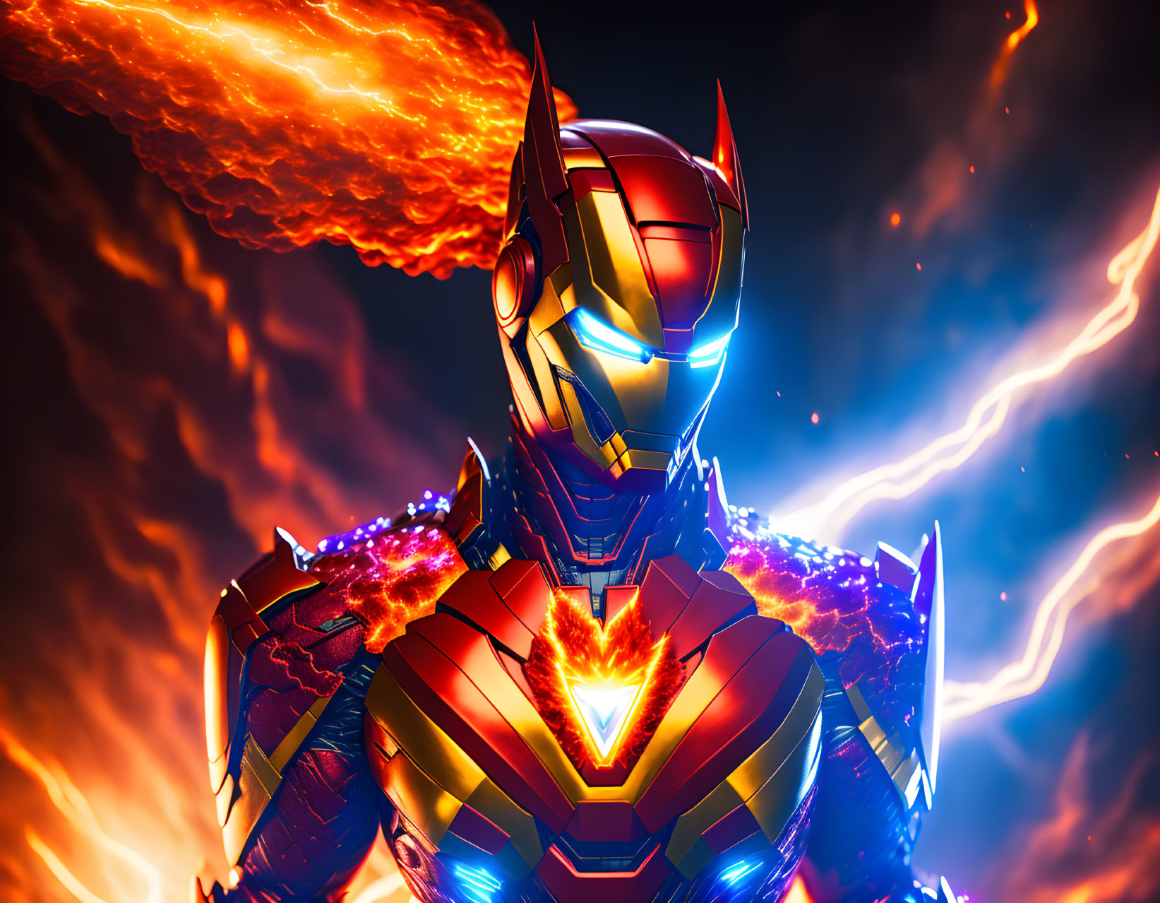 Superhero in dynamic pose with fiery background and glowing suit