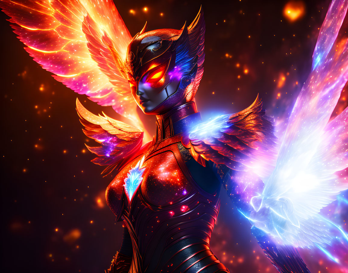 Digital art: Female character with fiery wings and shining armor in dark, starry setting