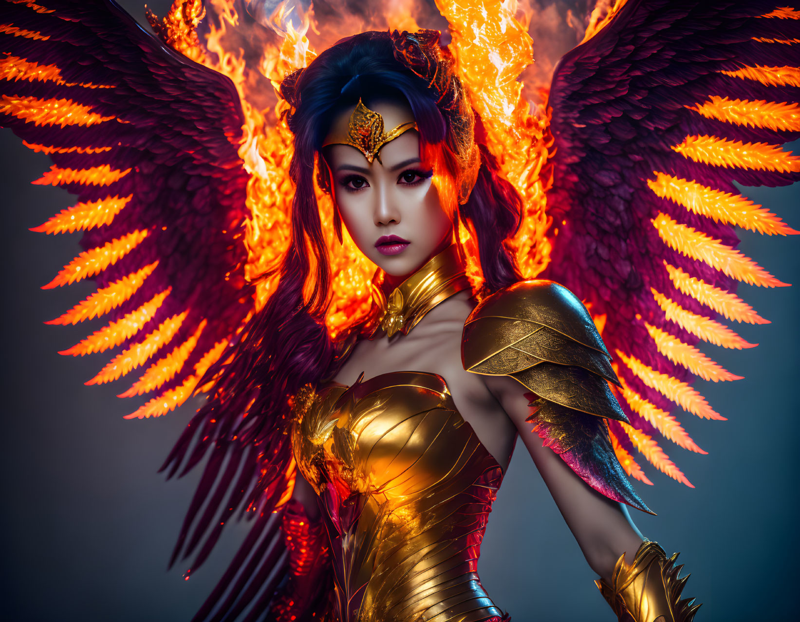 Fierce woman with flaming wings in golden armor and crown against smoky backdrop