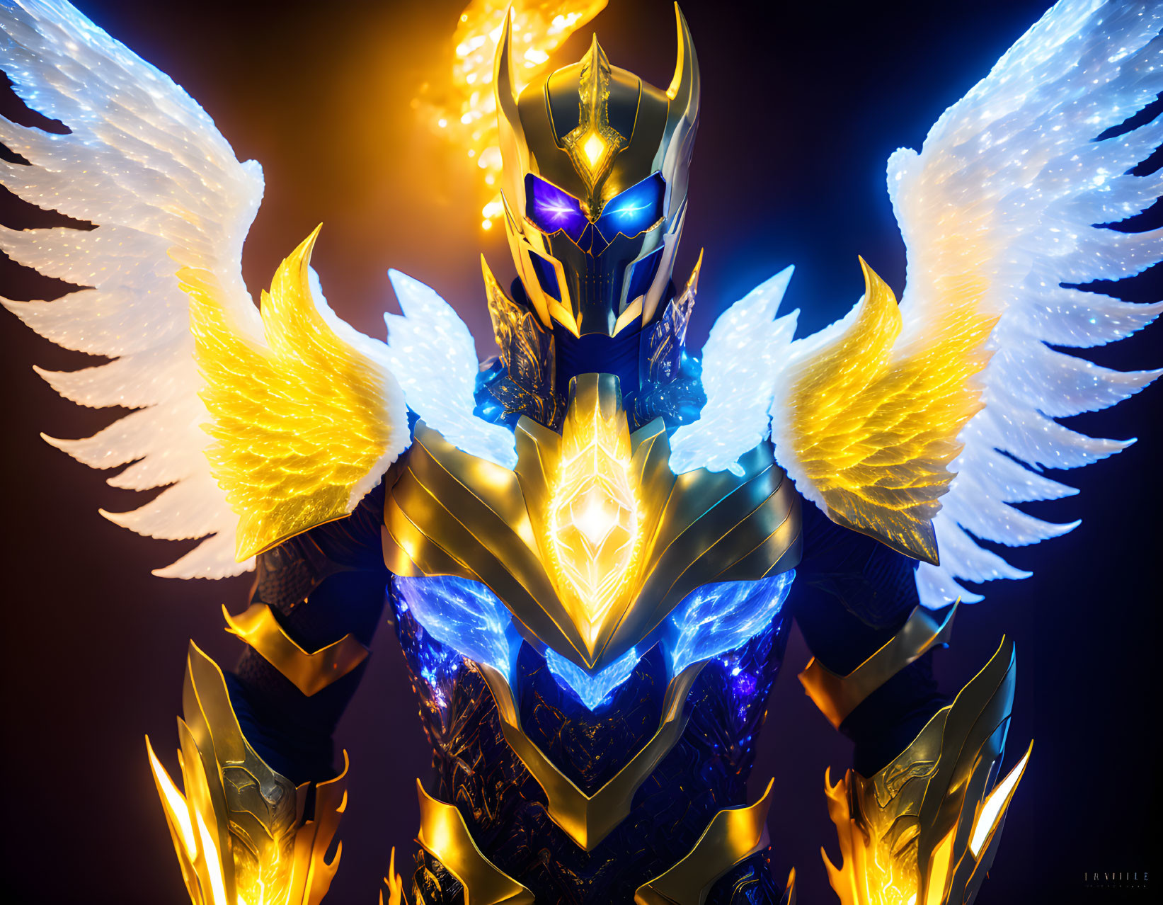 Armored figure with glowing wings and helmet in golden and blue light