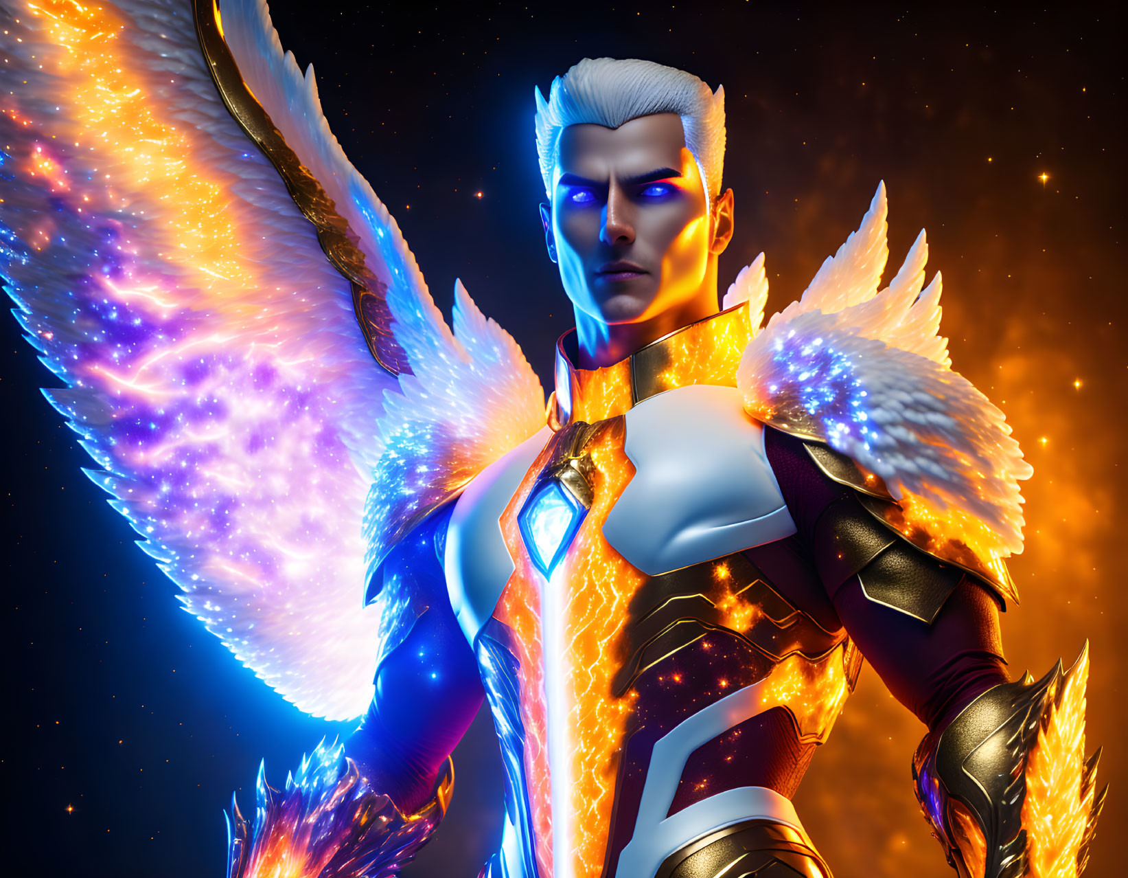 Male superhero with fiery wings and futuristic armor against cosmic backdrop