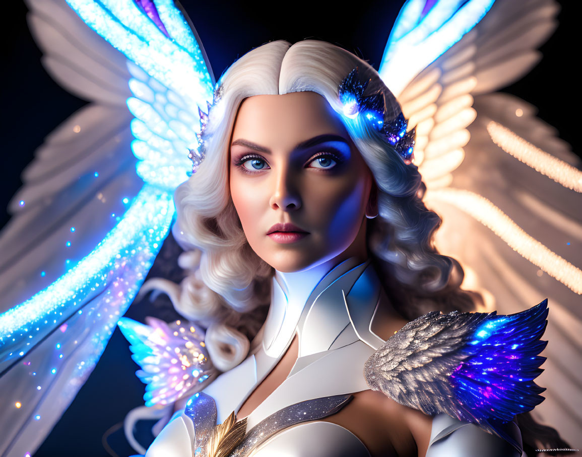 Digital artwork: Woman with blue angel wings and eyes in soft glow on dark background