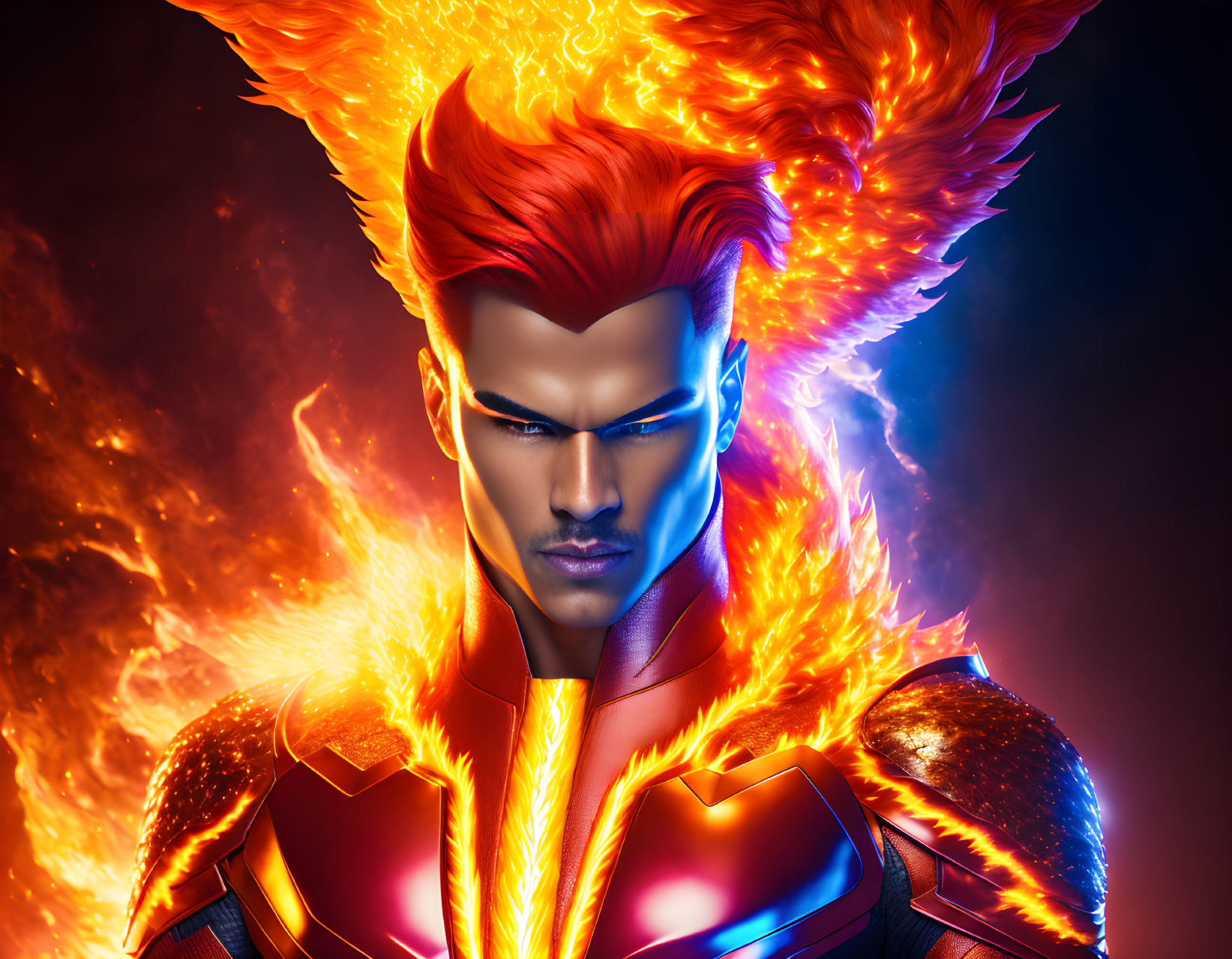 Fiery-haired superhero in red and gold suit with blue eyes