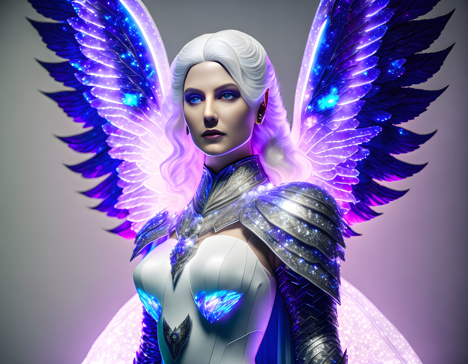 Digital artwork of a woman with white hair and glowing blue angelic wings in silver and blue attire.