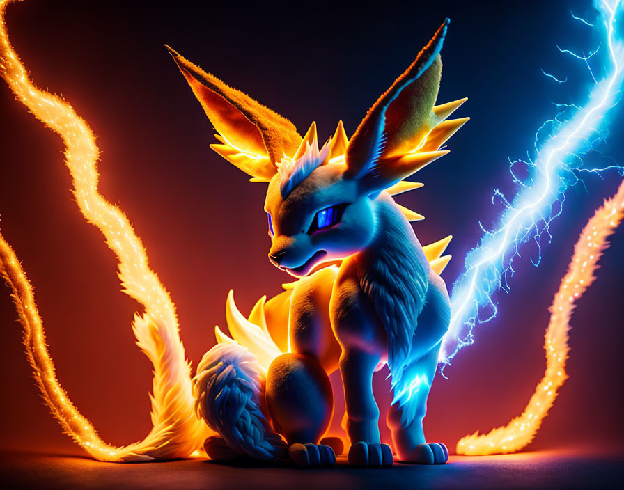 Stylized glowing fox-like creature with fiery elements on dark background