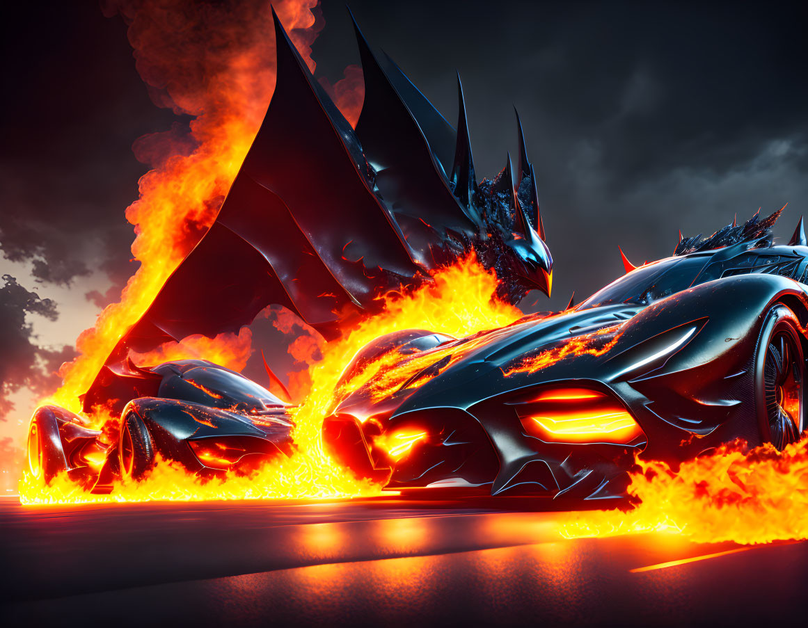 Futuristic glowing sports car and fiery dragon on stormy road