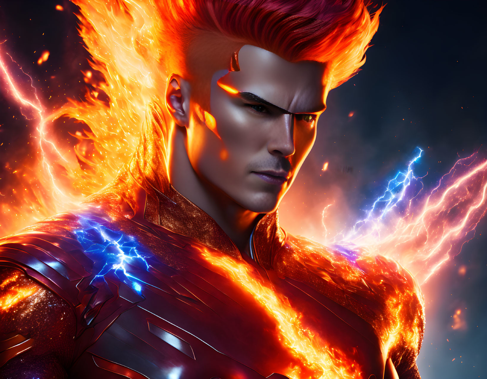 Male superhero digital artwork: fiery hair, glowing eyes, lightning suit