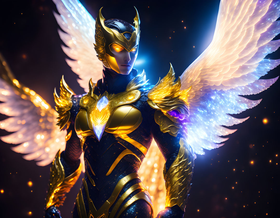 Majestic figure in golden armor with glowing blue eyes and white wings on starlit background