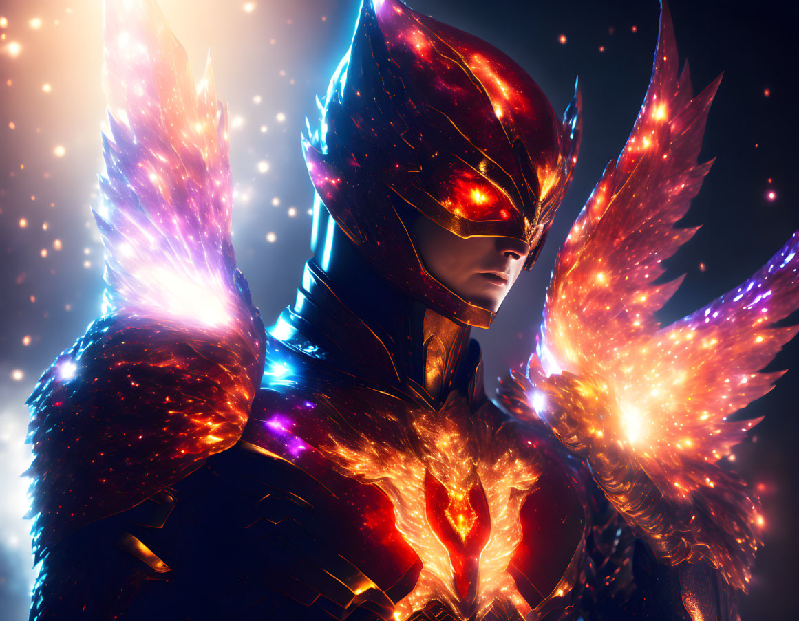 Fiery superhero with glowing armor and wings in intense light.