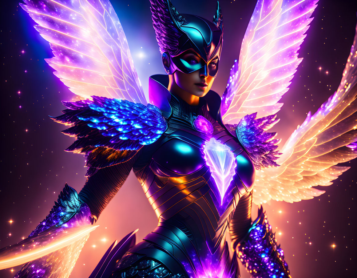 Female superhero with luminous wings, armored suit, and glowing gem in cosmic setting