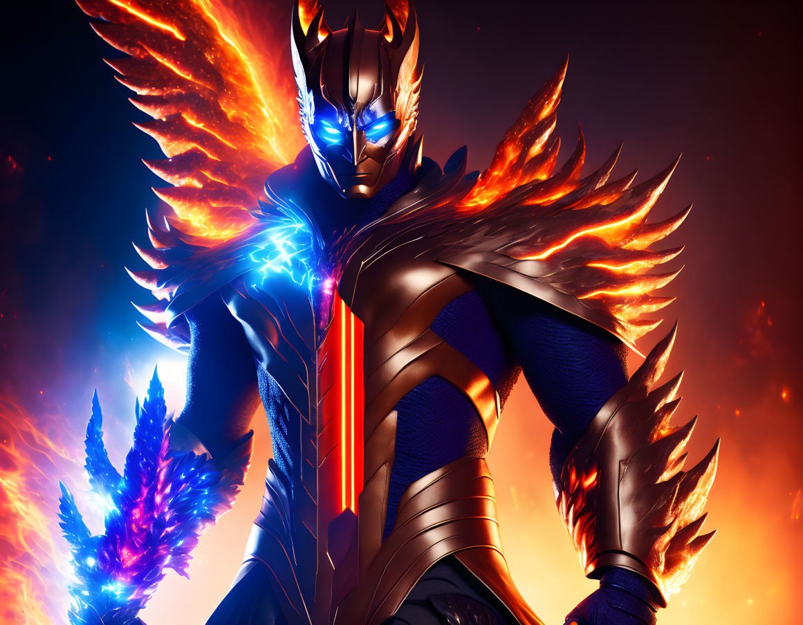 Illustration: Fierce character in dark armor with glowing blue accents against fiery backdrop