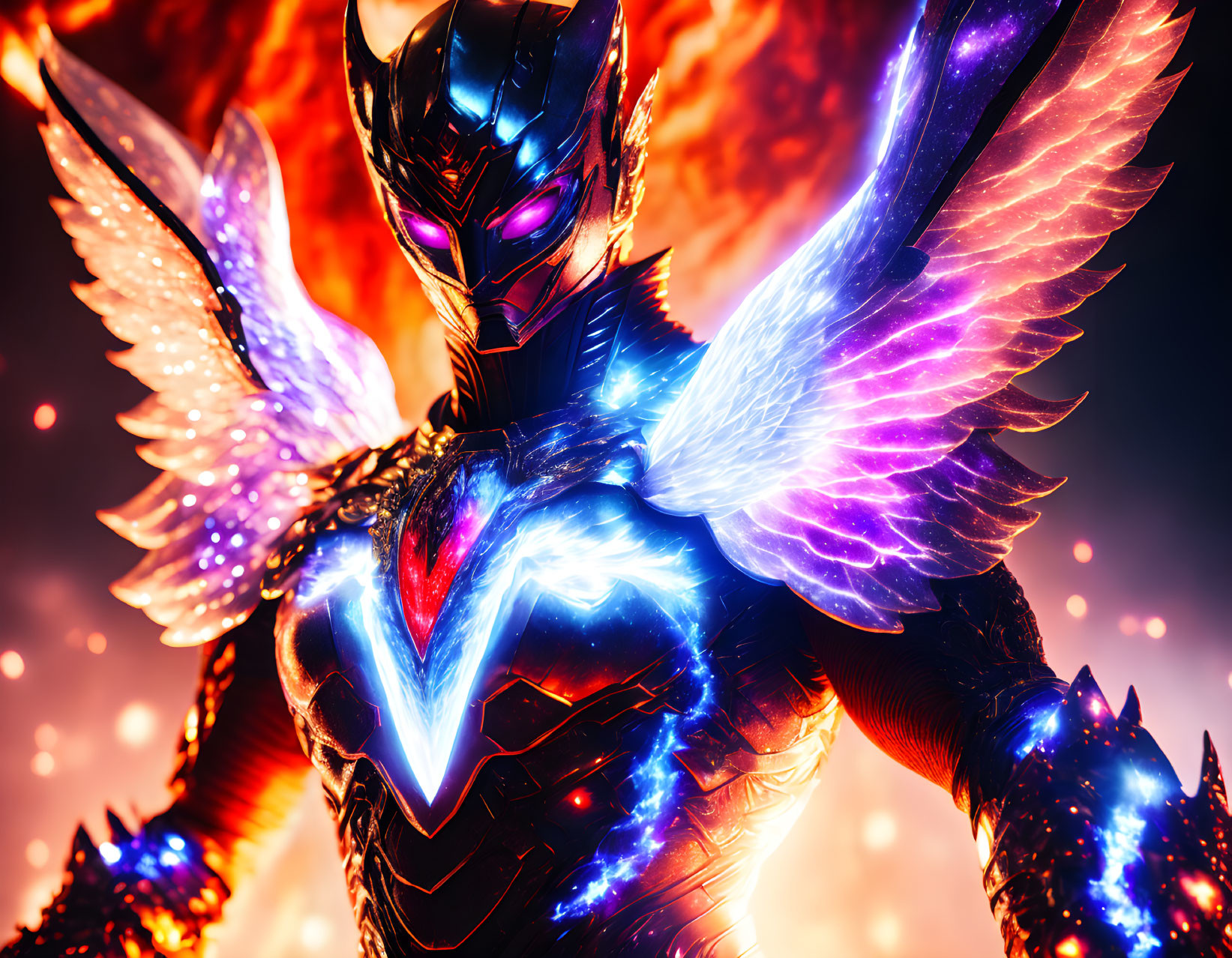 Futuristic armored character with glowing wings and eyes in fiery backdrop