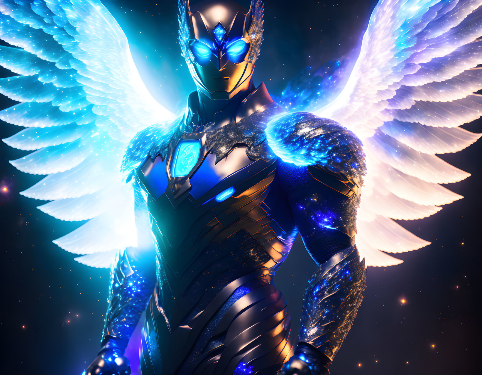 Armored figure with glowing blue eyes in winged suit against cosmic backdrop