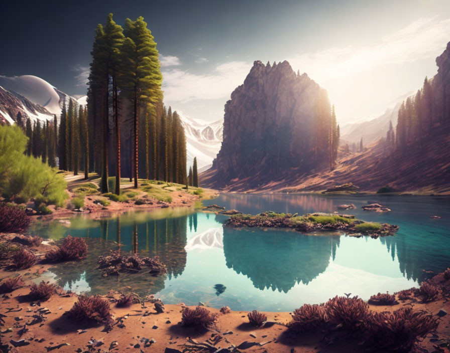 Tranquil mountain landscape with clear lake, towering trees, rocky peaks