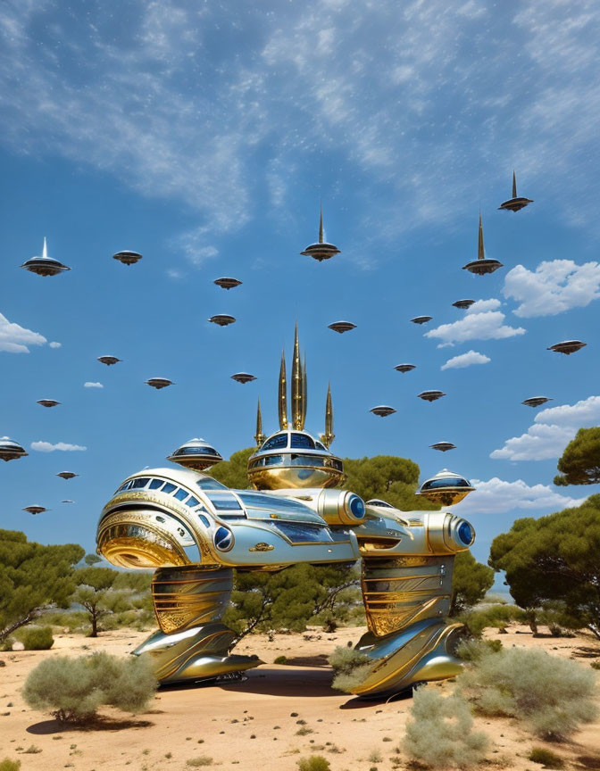 Futuristic cityscape with towering spires and flying vehicles in desert landscape