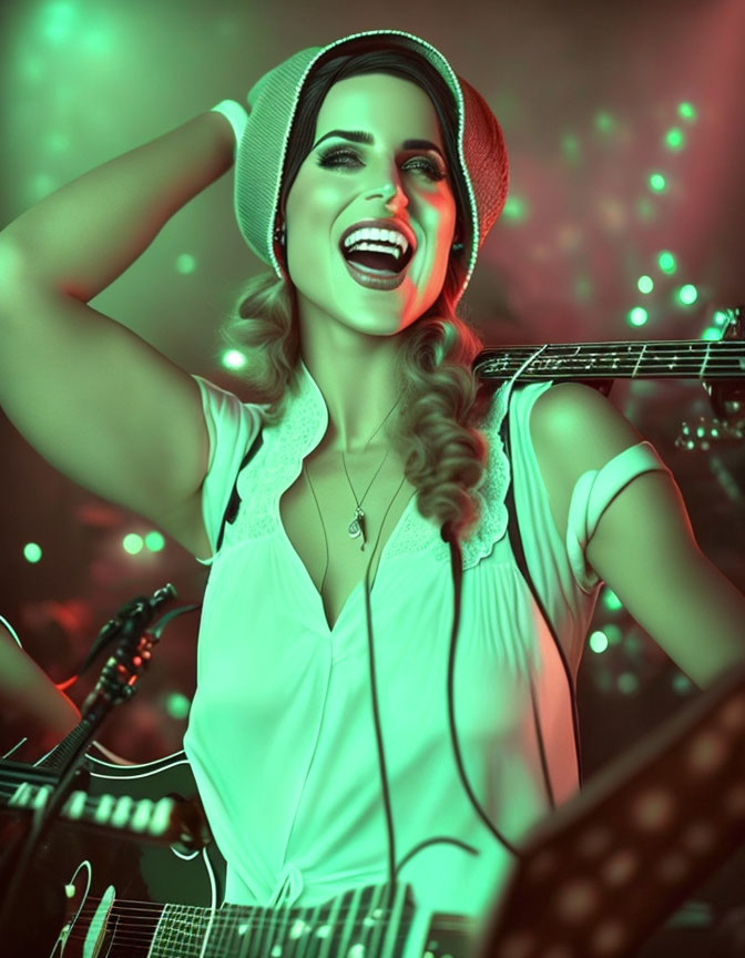 Joyful woman in hat and sleeveless top laughing under colorful lights with guitar in background