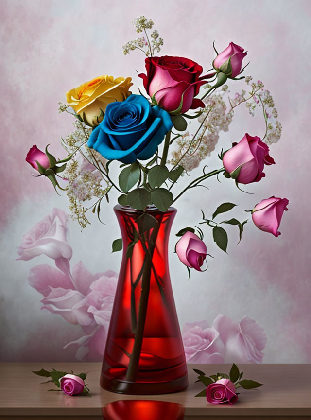 Colorful Multi-Colored Roses in Red Vase on Floral Background