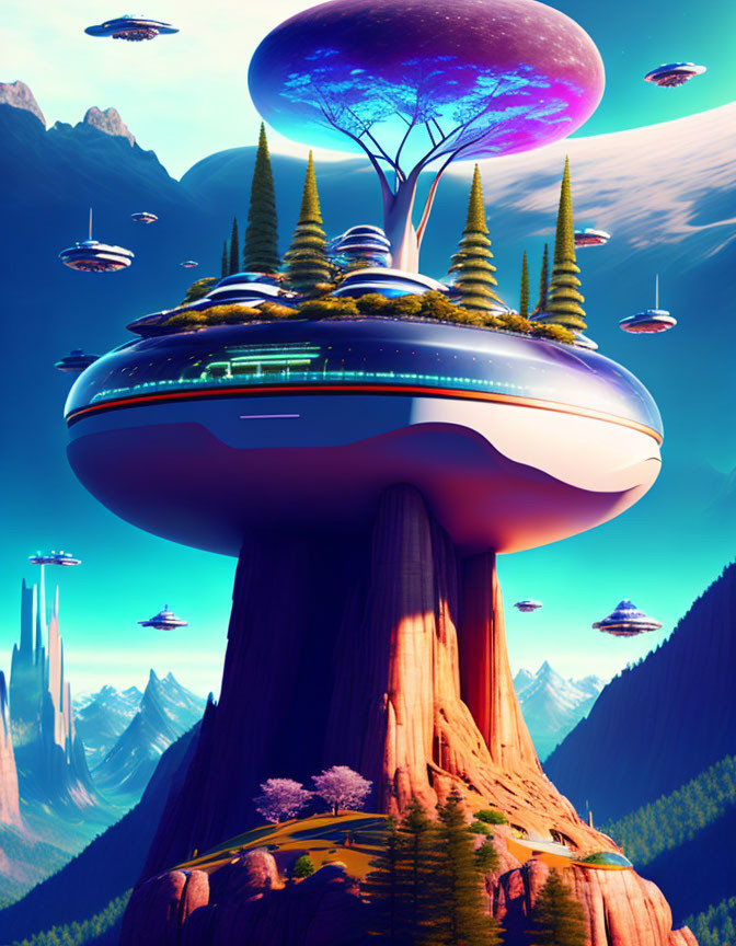 Futuristic city on large tree with flying vehicles and mountain backdrop