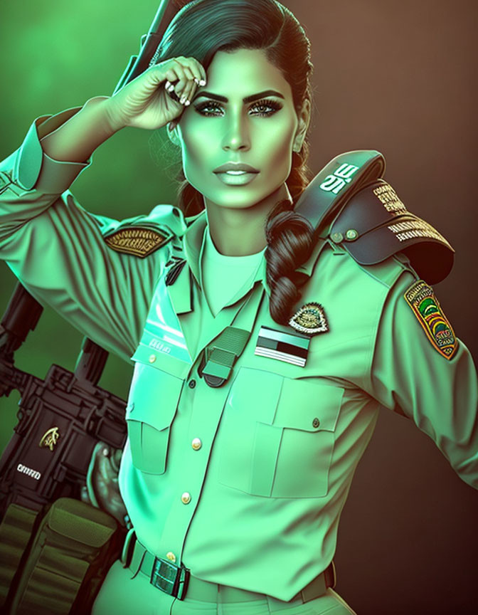 Stylized image of a woman in green uniform saluting with rifle