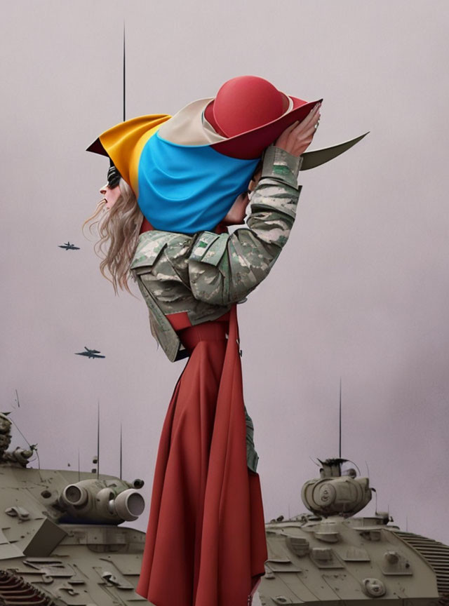 Colorful geometric hat woman overlooks tanks and aircraft