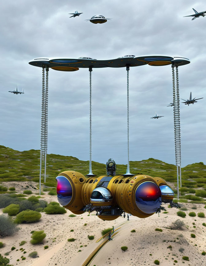 Futuristic vessel with blue engines hovers above desert with flying crafts