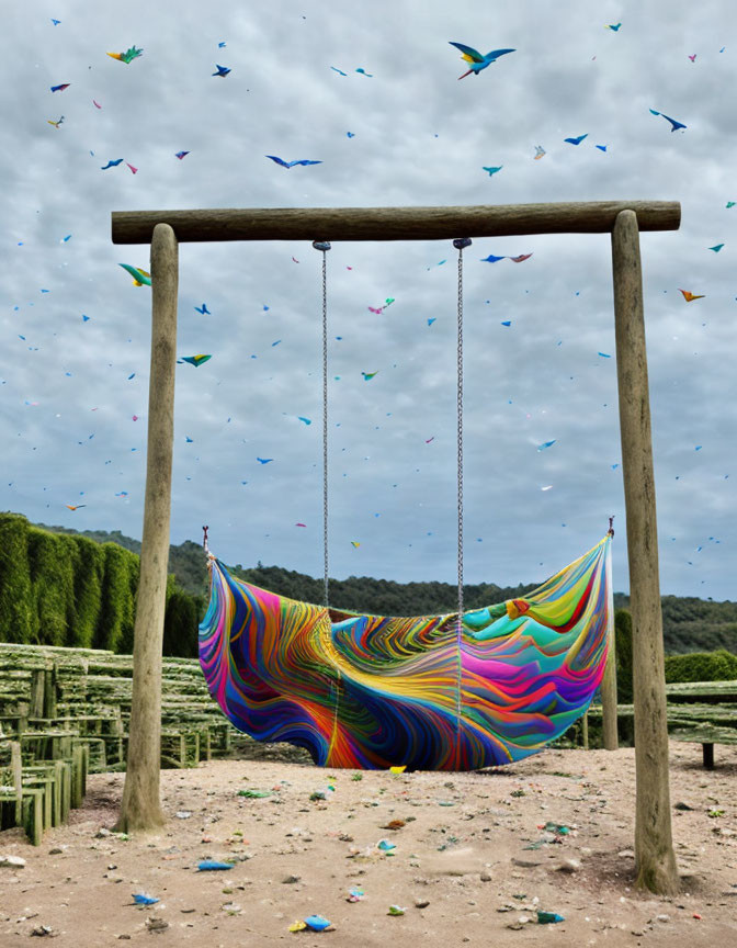 Colorful Hammock Hanging with Paper Birds in Cloudy Sky