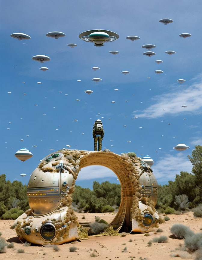 Surreal desert scene: flying saucers in sky, astronaut on barnacle-covered arch.