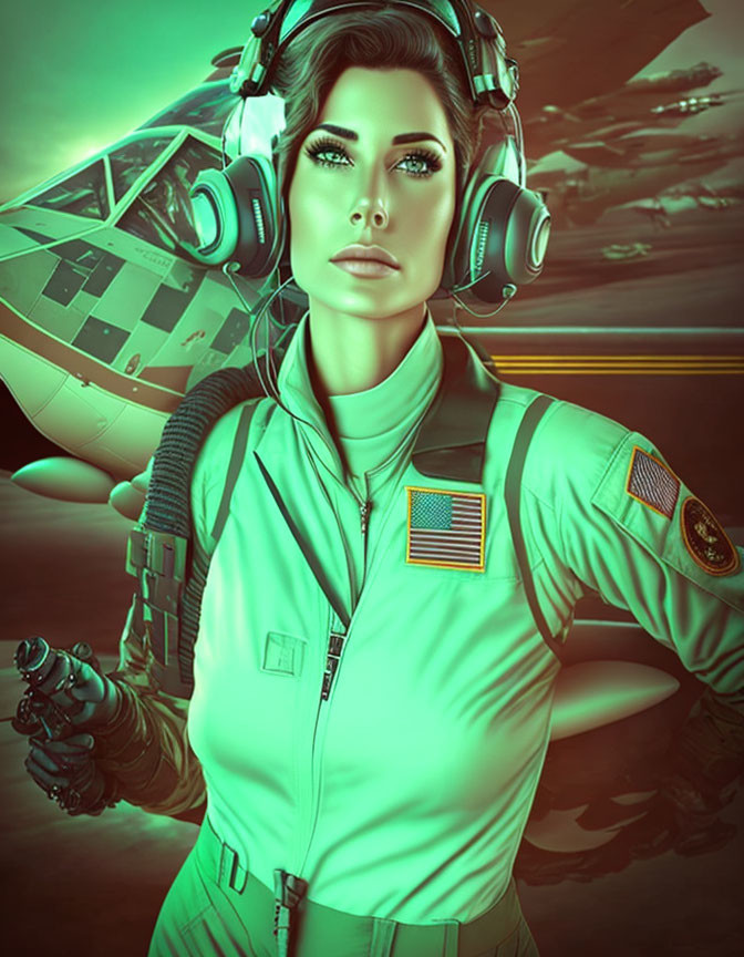 Stylized illustration of a woman in green pilot suit with American flag, standing in front of aircraft