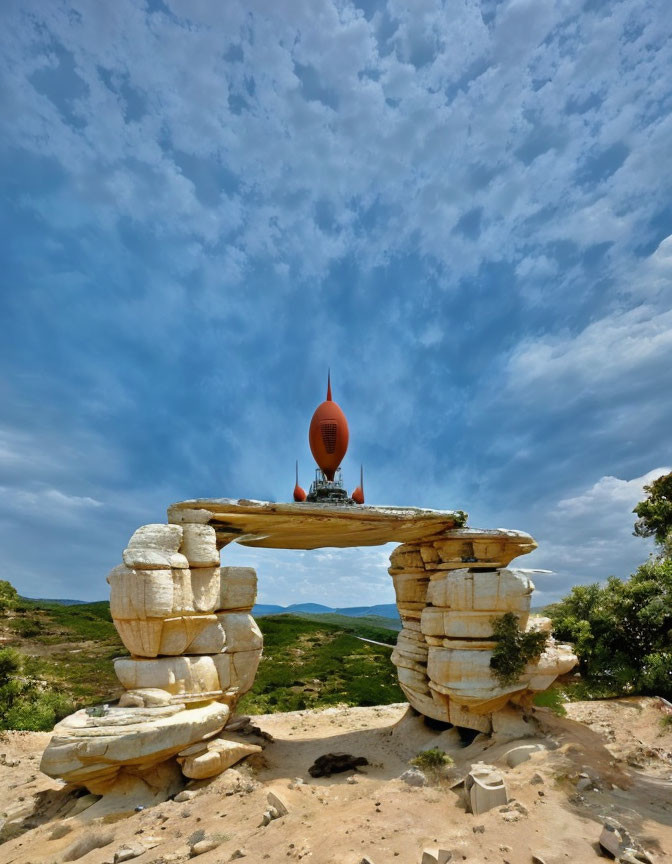 Massive rock formation under blue sky with orange tear-shaped object