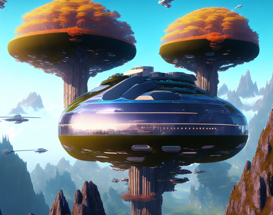 Futuristic flying cities on tree-like structures in sci-fi landscape