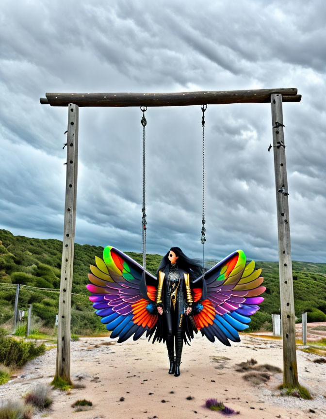 Colorful-winged person on swing under cloudy sky: artistic and whimsical.