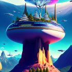 Futuristic city on large tree with flying vehicles and mountain backdrop