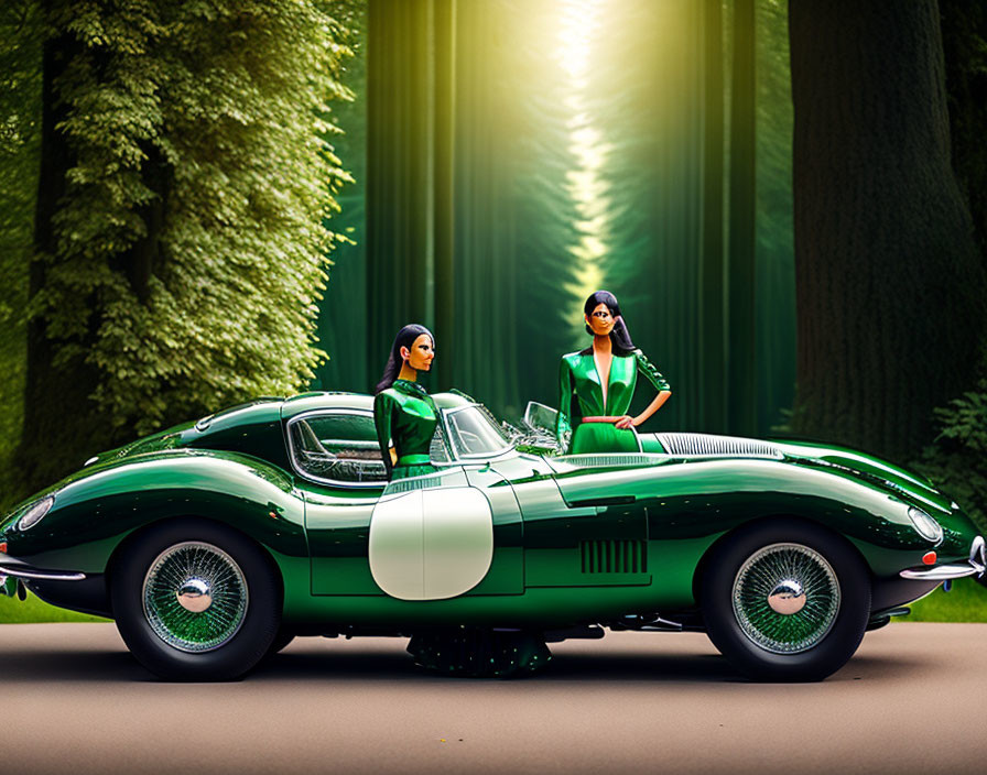 Two Women in Green Attire with Classic Green Sports Car in Forest Setting