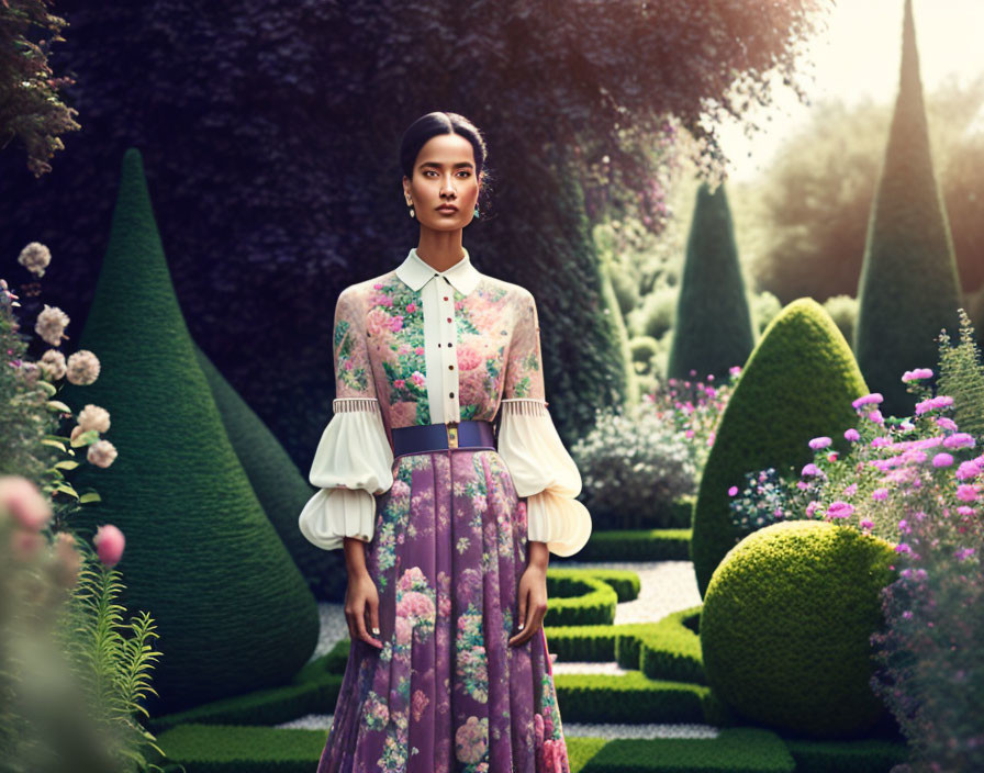 Woman in floral dress in manicured garden with topiary bushes and flowers