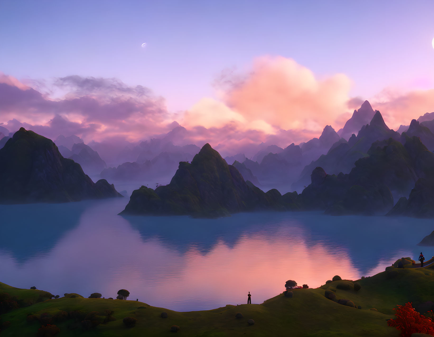 Tranquil sunrise over lake with mountain backdrop and lone figure