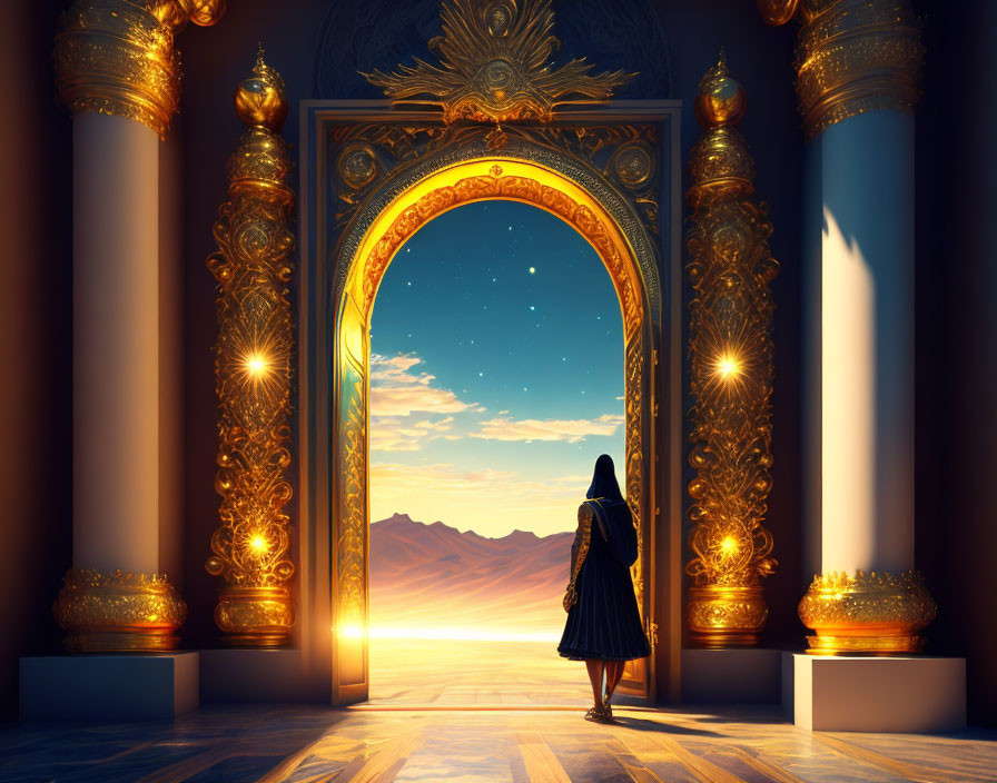 Cloaked Figure at Golden Archway in Sunlit Desert