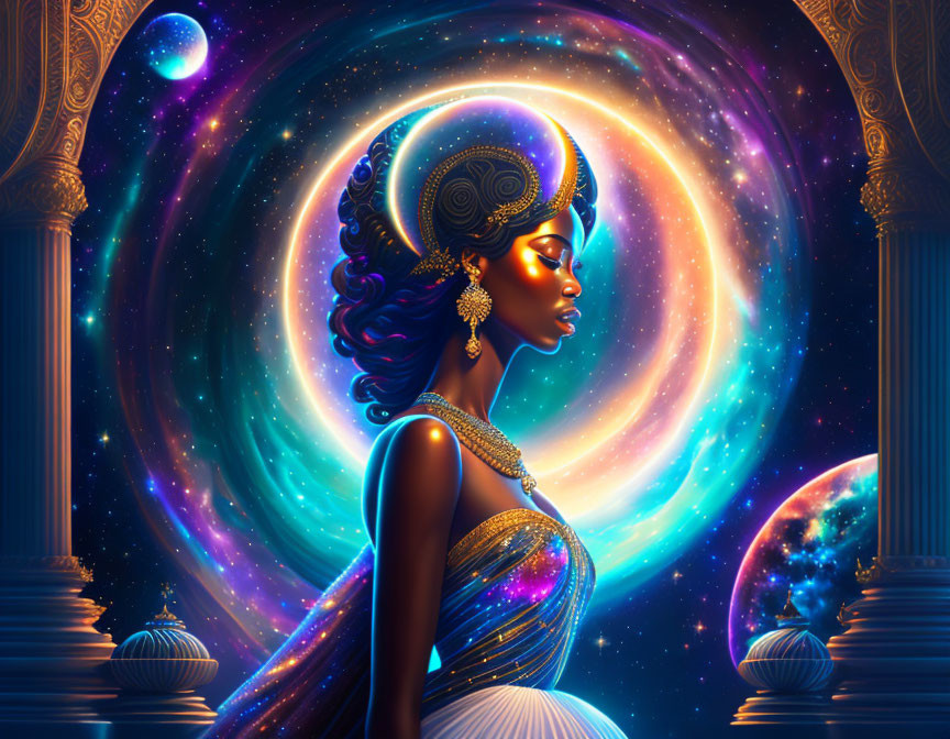 Cosmic-themed woman illustration with stylized hair and jewelry