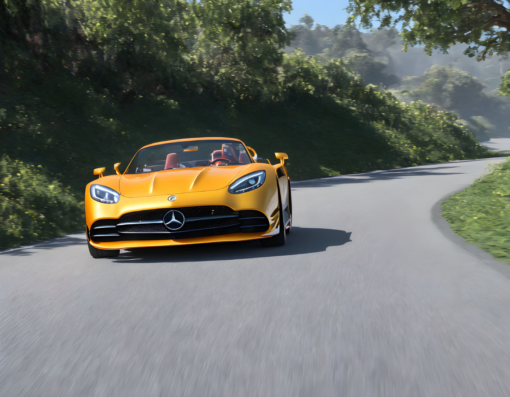 Bright yellow sports car with emblem on curvy road in lush greenery